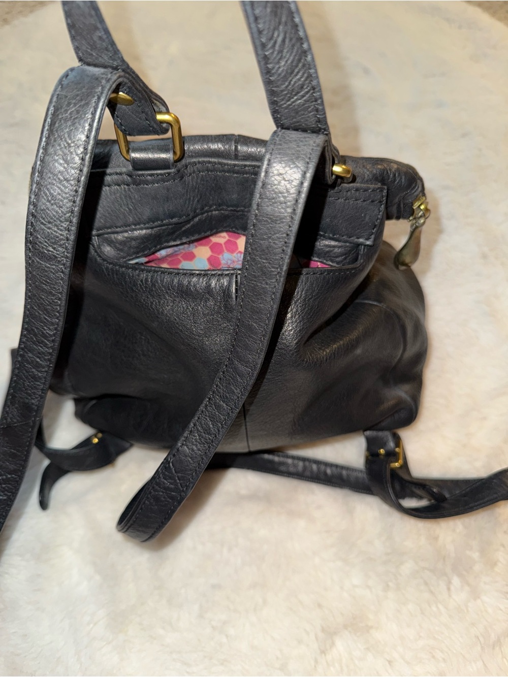 HOBO River Black Leather Double Zipper Top Handle Multi Pockets Backpack Bag - Picture 5 of 7
